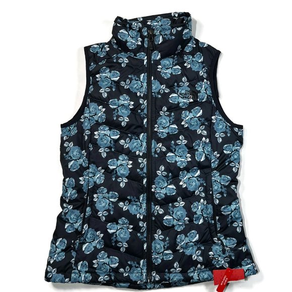 The North Face Womens Small Puffer Vest 550 Goose Down Blue Floral Zip Slim - Picture 1 of 9